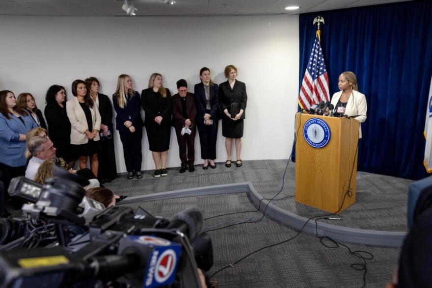 Andrea Campbell speaks to the press after releasing a report on clergy abuse in the Catholic church on Sept. 30, 2026. (Robin Lubbock/WBUR)