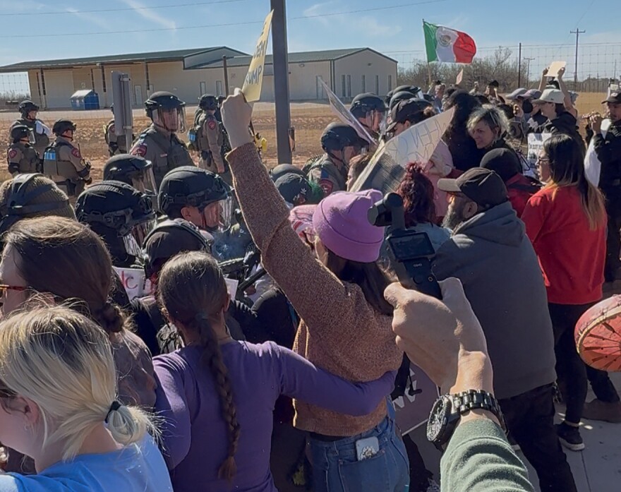 Protesters clash with Texas DPS outside the Dilley immigration detention center, Jan. 28, 2026.