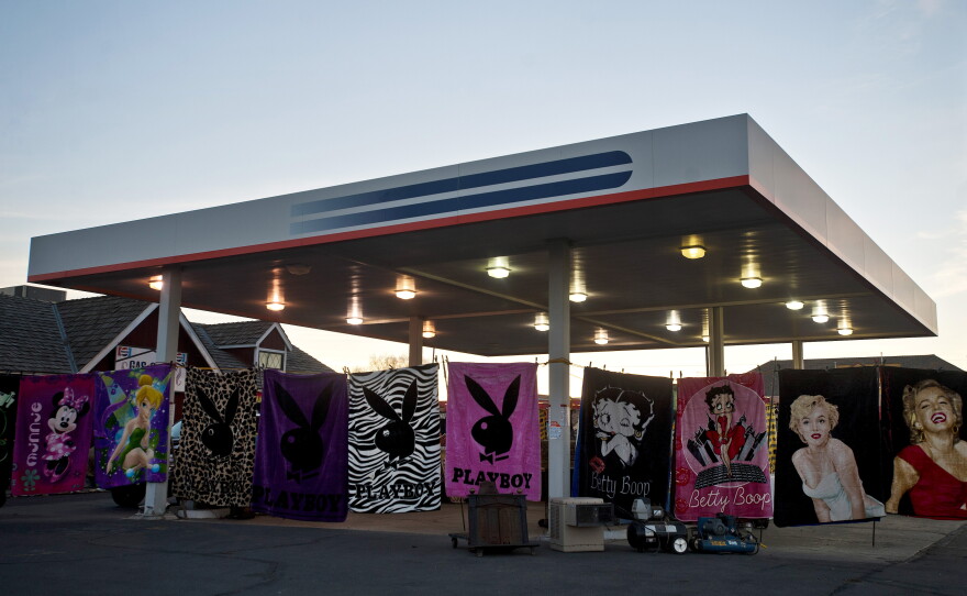 Towels for sale at a roadside shop in Fallon, Nev.