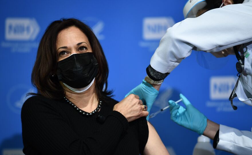 Vice President Harris receives her second dose of the Moderna vaccine at the National Institutes of Health on Jan. 26, an appearance Harris used to promote trust in coronavirus vaccines.