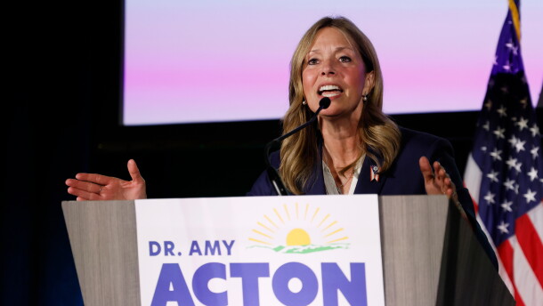 Democratic gubernatorial candidate Dr. Amy Acton speaks at a primary election night campaign event after winning the party's nomination for governor Tuesday, May 5, 2026, in Columbus, Ohio. 