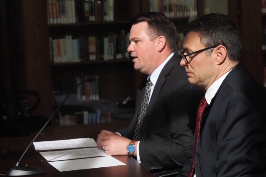 From left: Jason Johnson, the deputy chief of staff of legislative affairs for Gov. Mike Braun, and Governor’s Office General Counsel Patrick Price appear before the State Ethics Commission on Thursday, April 9, 2026.