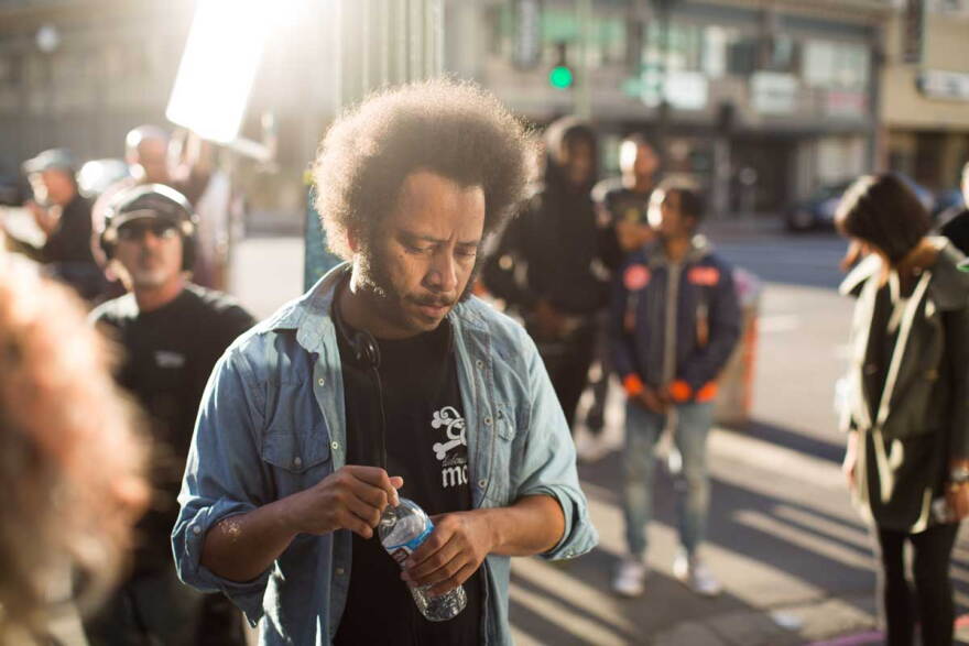 Boots Riley on the set of Sorry to Bother You