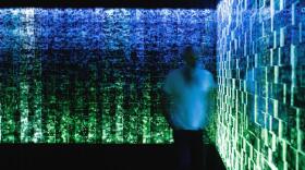 Artist Wolfgang Buttress inspects some of the 3,300 glass blocks etched with images of nature — part of his NINFEO exhibit at UVA.