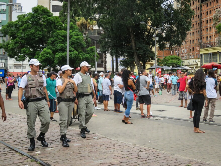 Military police patrol the streets of downtown Porto Alegre amid growing concern over rising crime.
