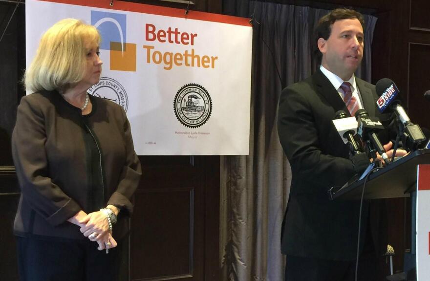 St. Louis Mayor Lyda Krewson and St. Louis County Executive Steve Stenger take questions after announcing their support for a task force to examine government spending in June 2017. 