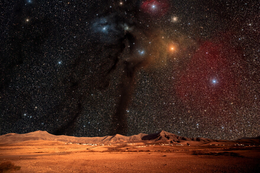 Fantastic landscape of another planet. Desert Night with stars and galaxies (Elements of this image furnished by NASA)