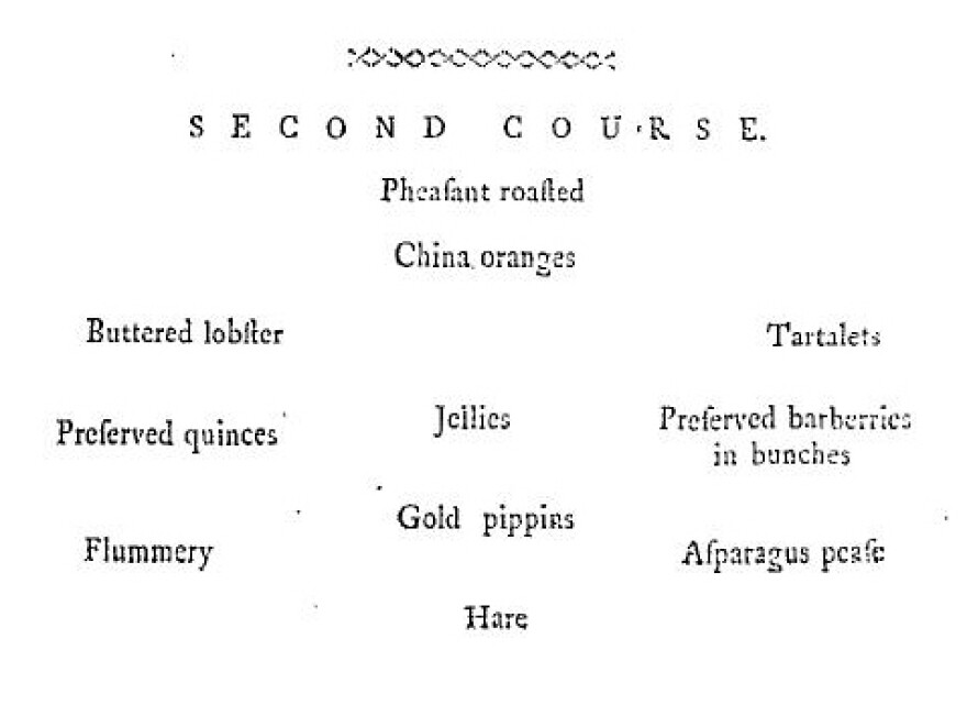 Bills of Fare for a typical wealthy person's second course in the month of January, originally published by Mary Smith of Newcastle, in her 1772 book, <em>The complete house-keeper and professed cook</em>.