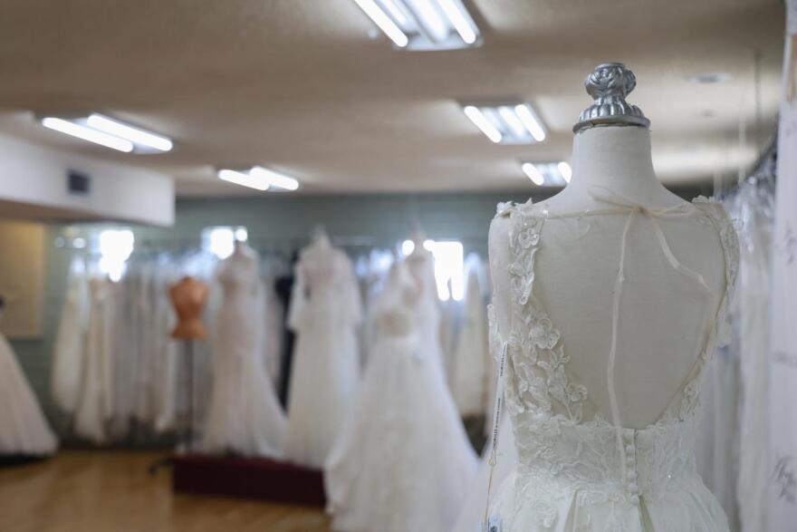 Wedding dresses on display