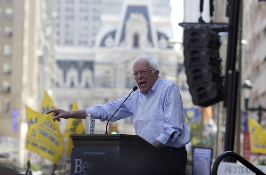Democratic presidential candidate Bernie Sanders, I-Vt., delivers remarks at a rally alongside unions, hospital workers and community members against the closure of Hahnemann University Hospital in Philadelphia.