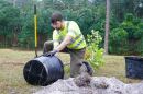 “The best way to get the tree out of the pot is to straddle the bucket,” said Urban Forestry Program Coordinator Sam Schatz.
