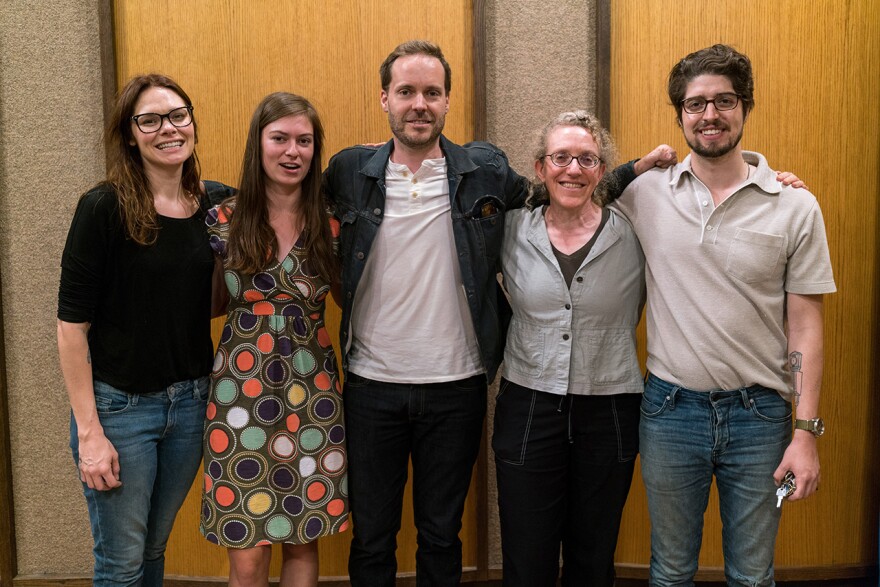 Honey Honey's Suzanne Santo, MTPR's Clare Menahan, drummer Conor Meehan, MTPR engineer Beth Anne Austein, guitarist Ben Jaffe at MTPR studios, July 17, 2018.