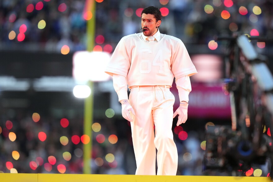 Bad Bunny performs during halftime of the NFL Super Bowl 60 football game between the New England Patriots and the Seattle Seahawks, Sunday, Feb. 8, 2026, in Santa Clara, Calif.