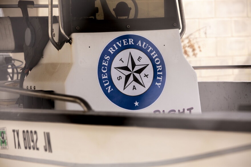 A boat parked outside the Nueces River Authority satellite office in Robstown on Oct. 25.