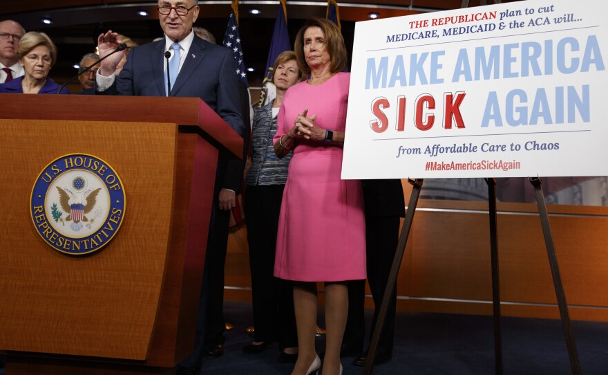 Senate Minority Leader Chuck Schumer, joined by fellow congressional Democrats, brands what Republicans are trying to do when it comes to health care as "Make America Sick Again."