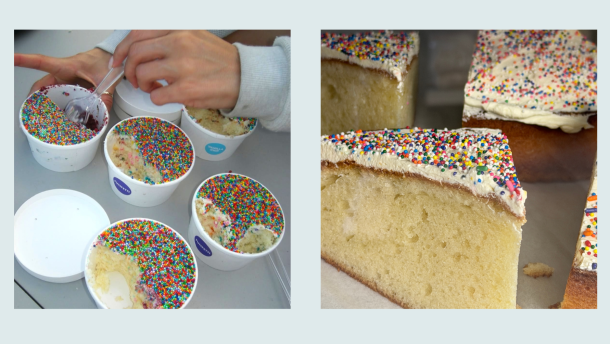 On the left are the Dot Cake's "dotcups", and on the right is cortadillo at La Deliciosa Bakery.