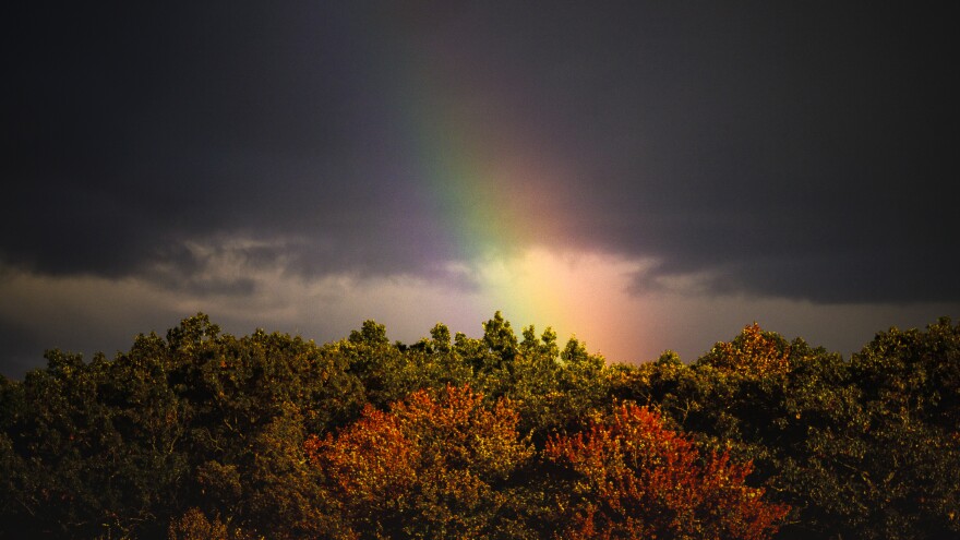 A rainbow appears behind a line of trees as storm clouds pass over the East Hartford area in October 2023.