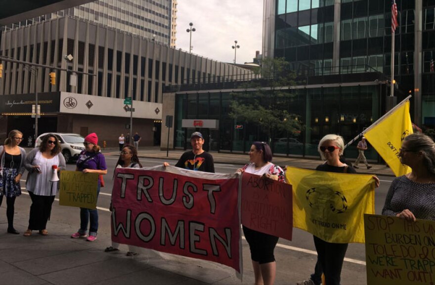 Abortion rights supporters outside Ohio Supreme Court building