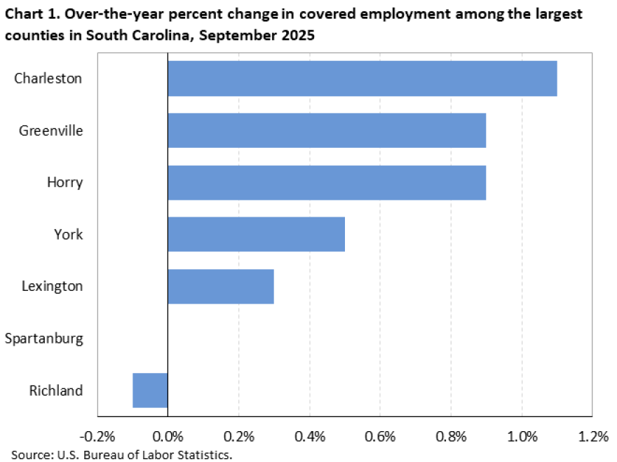 U.S. Bureau of Labor Statistics report on employment rates for South Carolina's seven largest counties between 2024 and 2025.