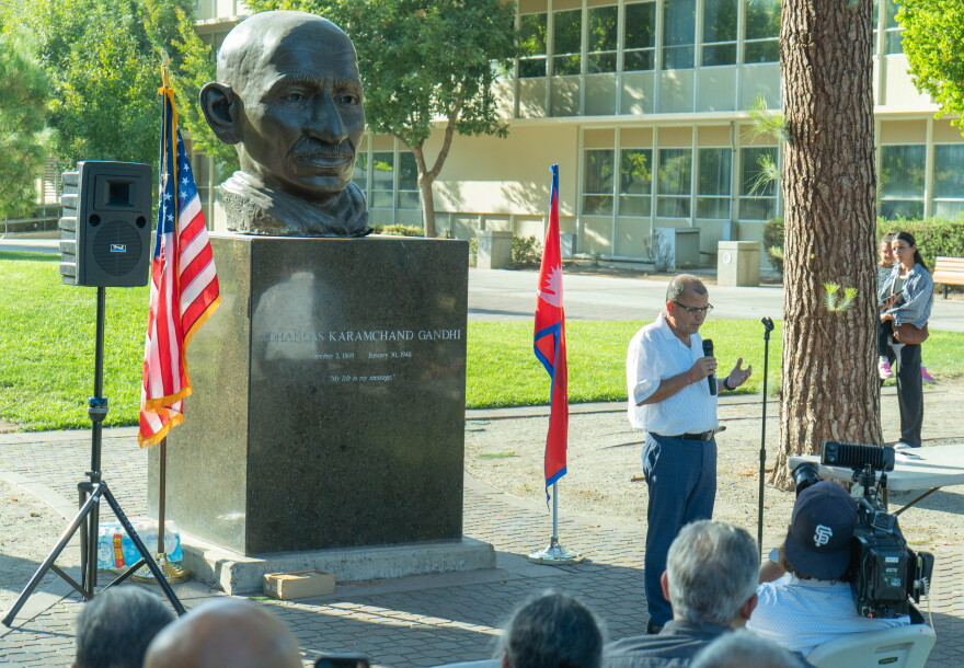 Professor Mohan Dangi speaks at a vigil in the Fresno State Peace Garden on Sept. 3, 2026.