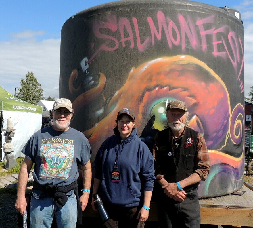 Fisher Poets Clark Whitney, Meezie Hermansen and Steve Schoonmaker at Salmonfest 2021.