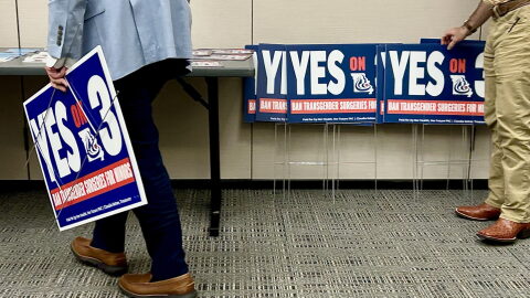 Supporters of Missouri’s Amendment 3, which would reinstate a near-total abortion ban and place a permanent ban on gender-affirming care for minors into the constitution, gather for an informational meeting on Sept. 10 in St. Louis County