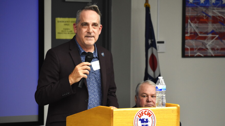 Ohio Education Association President Jeff Wensing speaks at a Franklin County Democratic Party meeting on September 22, 2026.