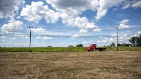 The grass is so dry it crunches under foot while corn grows in the field just across the street near Meadowview Plaza in Ellington, Connecticut August 15, 2022.