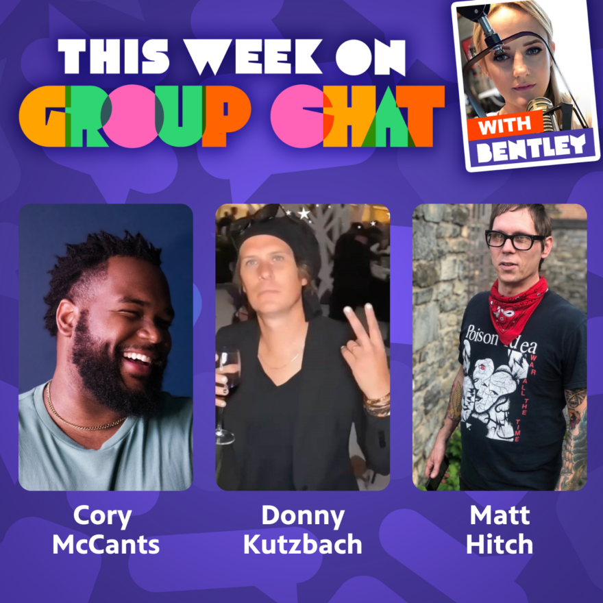 Headshots of the guests of this episode of Group Chat and the Group Chat logo
