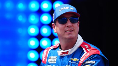 Kyle Busch is introduced during the NASCAR All-Star auto race, his final race, at Dover Motor Speedway on Sunday in Dover, Delaware.