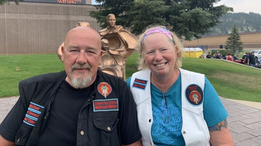 Shawn "Hatchet" and Jenny "Blondie" McKinney are members of Bikers for Christ in Indiana. Shawn, who is attending his third rally, wanted his wife to experience Sturgis for her first time. Neither has been vaccinated.