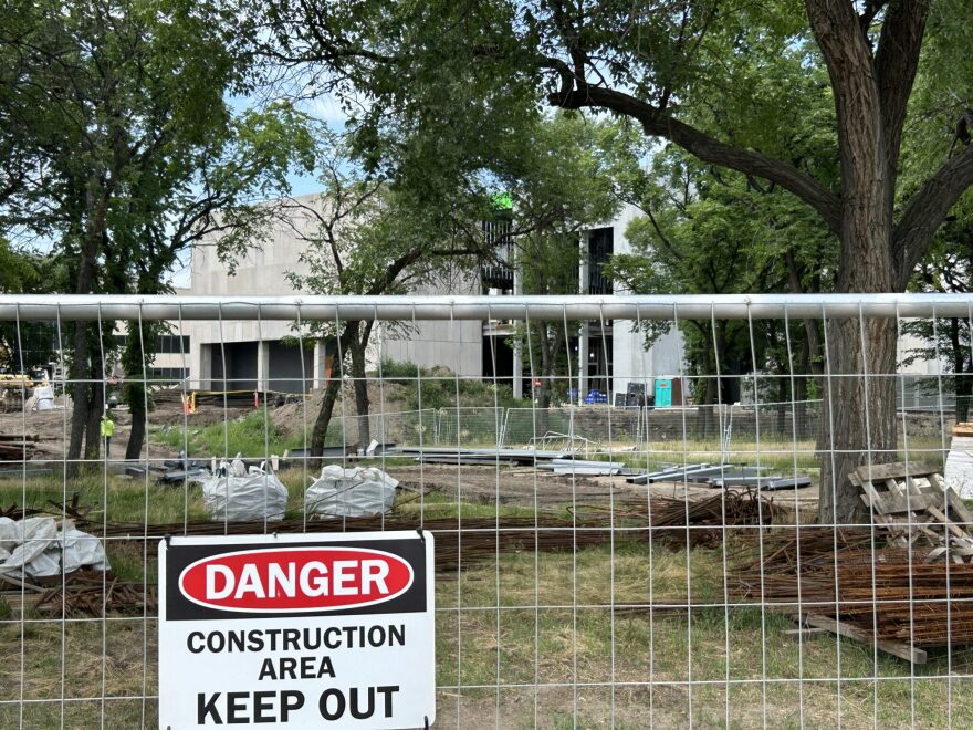 Construction on the Military Gallery addition at the North Dakota Heritage Center on the Capitol grounds is paused on July 3, 2026.
