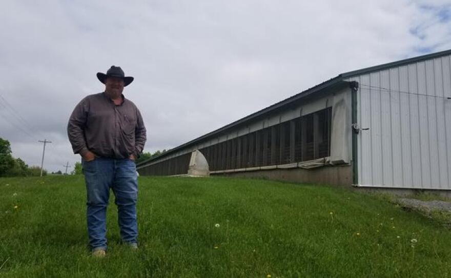 Rob Ewadlt has grown hogs on contract for Iowa-based Eichelberger Farms for 20 years. He has two barns on his land outside of Davenport, Iowa, each housing about 1,250 hogs. (photo: Madelyn Beck, Harvest Public Media)