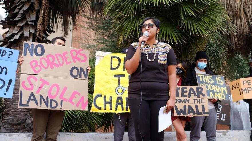 Amber Ortega speaks to a crowd of media and supporters during a press conference and rally in downtown Tucson on Nov. 23, 2021.