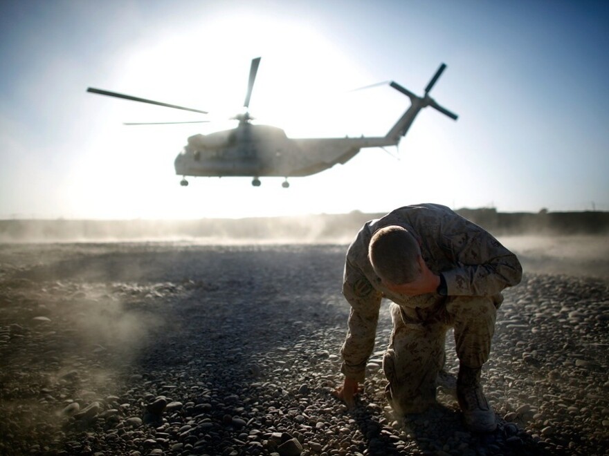 A U.S. military helicopter takes off in southern Afghanistan. They may still be called "choppers" in the movies, but troops universally refer to them as "birds."