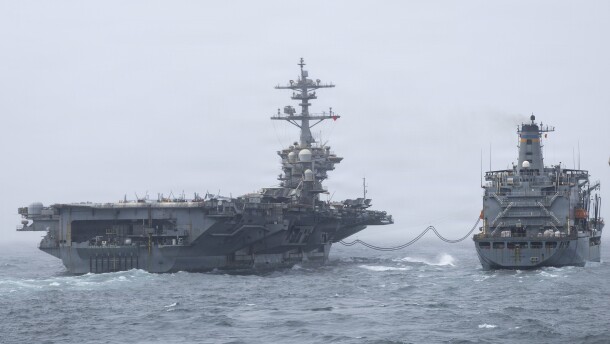 Nimitz-class aircraft carrier USS Abraham Lincoln (CVN 72), conducts a replenishment-at-sea with fleet replenishment oiler USNS Henry J. Kaiser (T-AO 187), Aug. 16, 2026. Abraham Lincoln is deployed to the U.S. 5th Fleet area of operations to support maritime security and stability in the Middle East. (U.S. Navy photo)