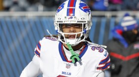 Buffalo Bills safety Damar Hamlin (3) arrives on the field before an NFL football game against the Chicago Bears, Saturday, Dec. 24, 2022, in Chicago. (AP Photo/Kamil Krzaczynski)