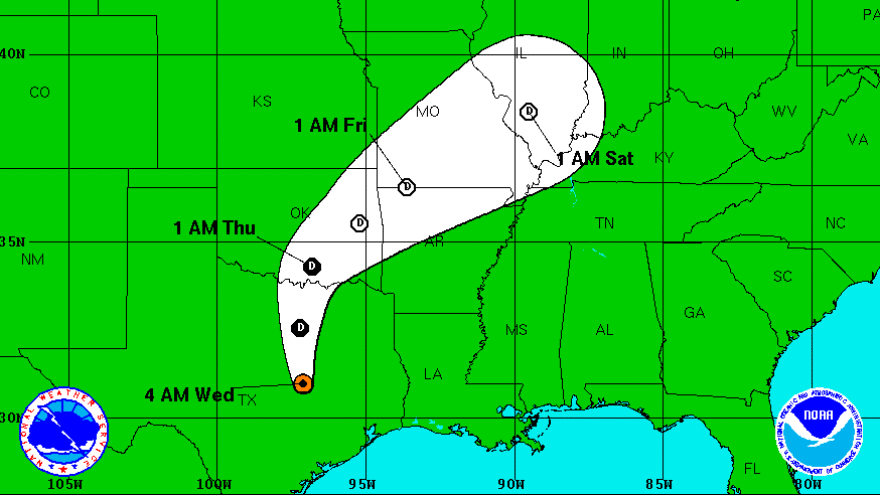 The latest predictions for Tropical Depression Bill call for it to make a northeastern turn after passing through North Texas.