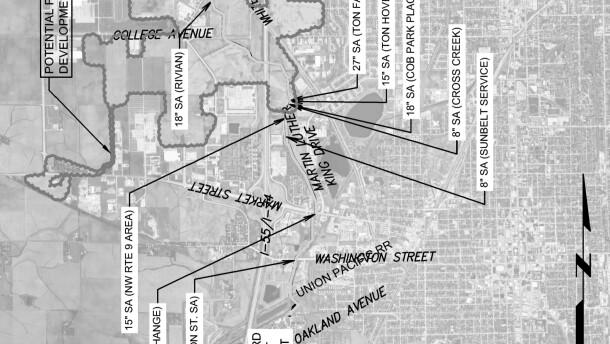 A map of a proposed sewer interceptor project imposed on a map of southwest Bloomington-Normal.