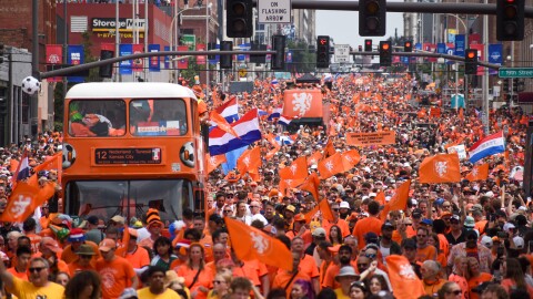 Thousands filled the streets of downtown Kansas City for the Oranje Fanwalk before the Netherlands vs Tunisia match on June 25, 2026.