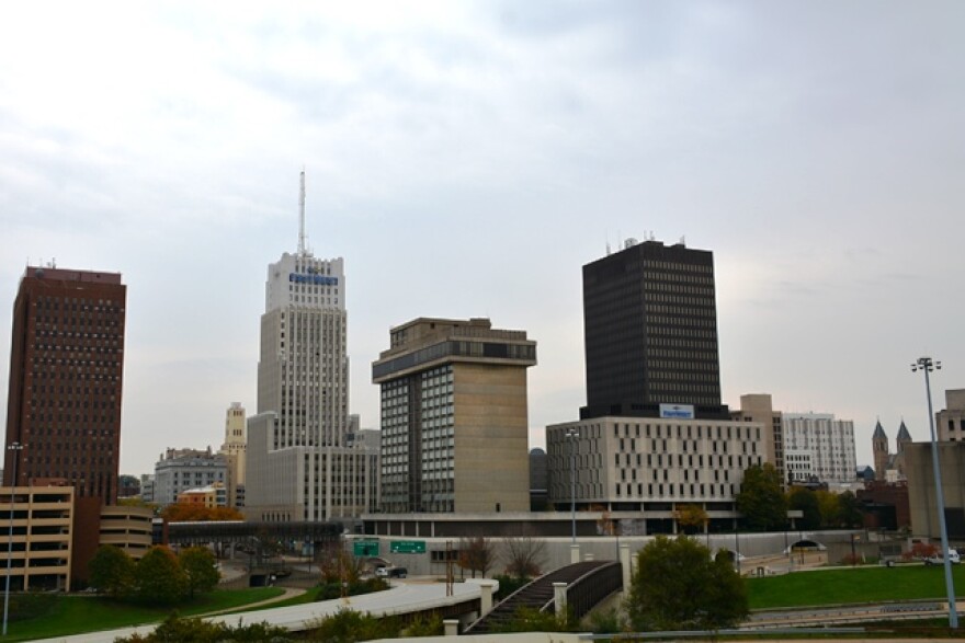 Downtown Akron's skyline as seen on a recent October day. (Nick Castele / ideastream)