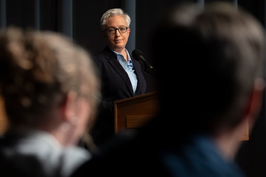 Democratic Gov. Tina Kotek listens to a question from the panel during the gubernatorial debate in Eugene, Ore., at the University of Oregon, on Thursday, Oct. 1, 2026. Kotek is counting on anger over President Donald Trump's policies to overshadow her own unpopularity in the Nov. 3 election.