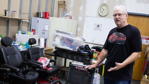 Doug Griswold volunteers to refurbish power chairs at the Wichita Medical Loan Closet. The organization provides a wide range of donated items for little or no cost to the public.