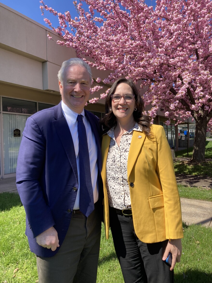 Maryland Democrat Senator Christ Van Hollen (left) meets with Frederick County Executive Jessica Fitzwater outside the site of the planned youth center.