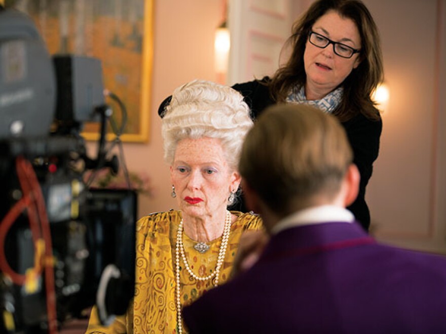 Oscar-nominated hair and makeup designer Frances Hannon styles actress Tilda Swinton on the set of <em>The Grand Budapest Hotel.</em>