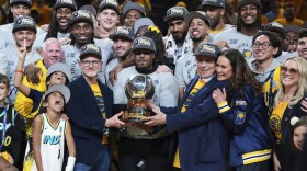 The Indiana Pacers team celebrates after winning Game 6 of the Eastern Conference finals of the NBA basketball playoffs against the New York Knicks in Indianapolis, Saturday, May 31, 2025.