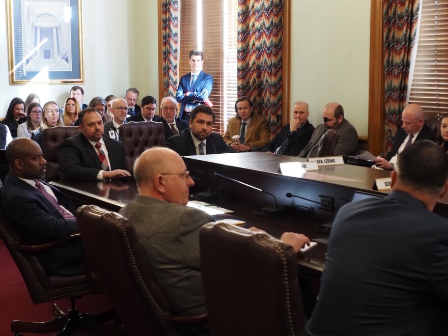 Sen. Jonathan Dismang (center), R-Searcy, presents a bill to the Senate Public Health, Welfare and Labor Committee on Wednesday, January 22, 2025. To the left of Dismang is James Welborn, Assistant Vice President of Pharmacy Services at St. Bernards Healthcare in Jonesboro.