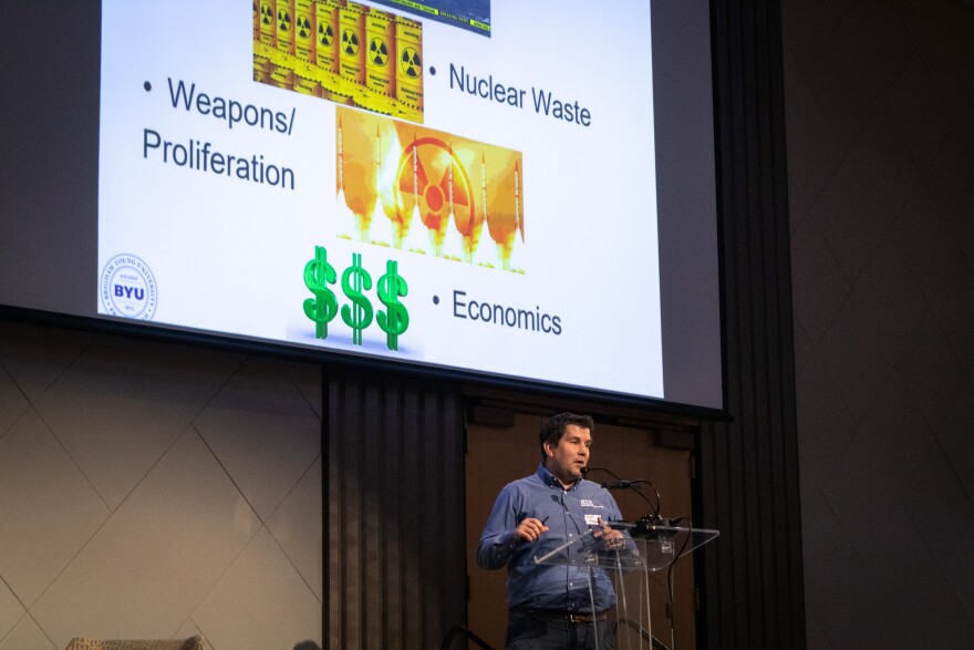 Brigham Young University professor Matthew Memmott gives the keynote presentation at Weber County’s nuclear energy symposium in Ogden, Aug. 5, 2026.