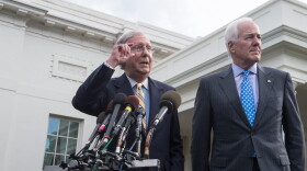 Senate Majority Leader Mitch McConnell (left) and Majority Whip John Cornyn speak to the press outside the West Wing of the White House after Republican senators met with President Trump to discuss the health care bill in Washington, D.C., on June 27, 2017. (Nicholas Kamm/AFP/Getty Images)