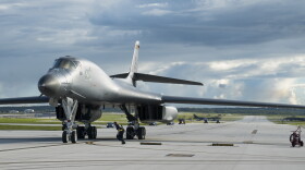 A U.S. Air Force B-1B Lancer assigned to the 37th Expeditionary Bomb Squadron, deployed from Ellsworth Air Force Base (AFB), S.D., arrives at Andersen AFB, Guam, on July 26, 2017.